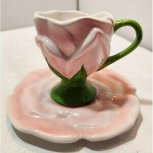 Vtg Teleflora Pink Rose Ceramic Footed Teacup And Rose Shaped Saucer